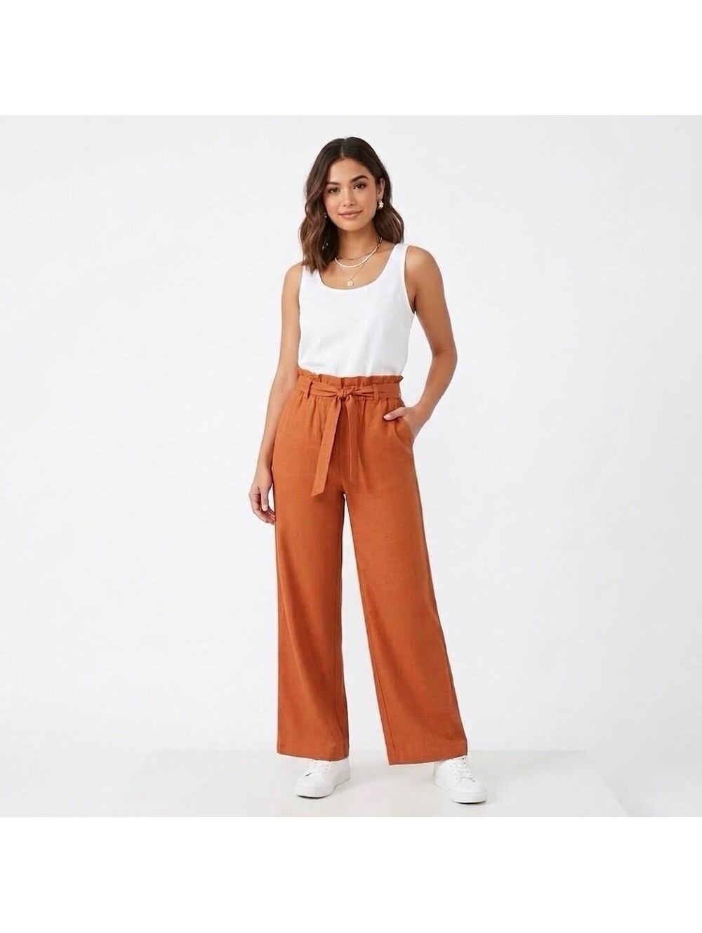 FOREVER 21 Women's Orange Wide-Leg Elastic Waist Viscose High Rise Pants Sz M